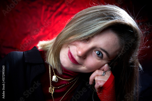 Wallpaper Mural Beautiful portrait of a young girl on a black and red background Torontodigital.ca