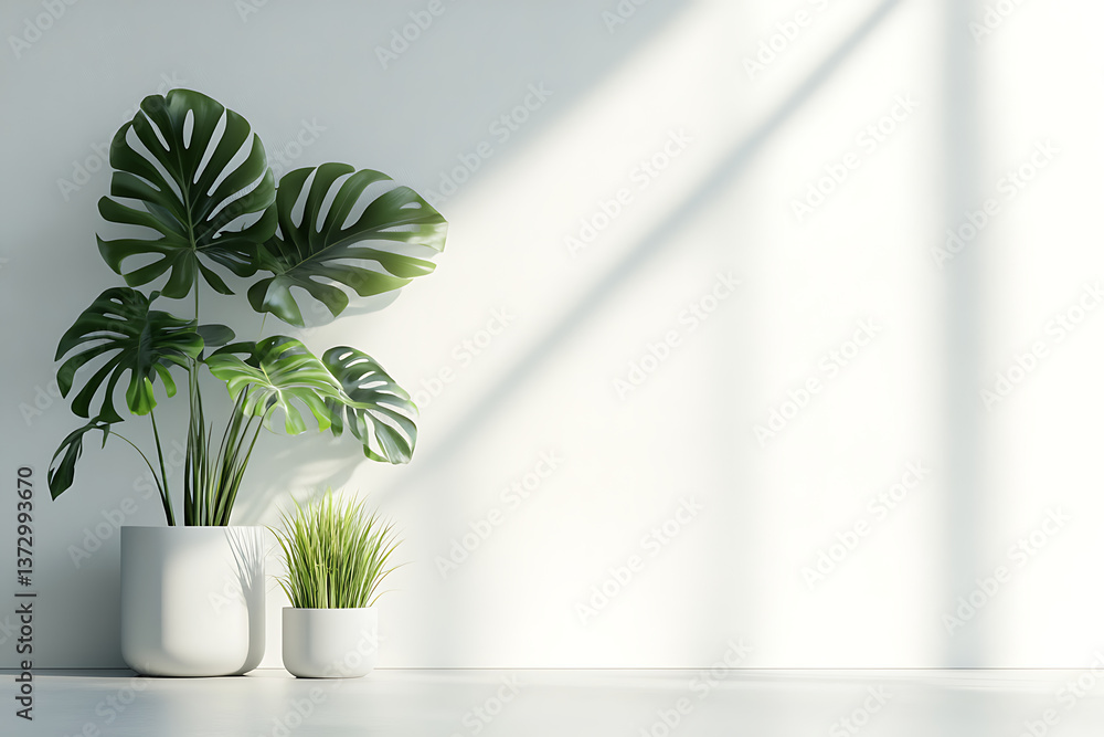 A high-quality, ultra-detailed 3D rendering of a tropical monstera plant in a sleek, modern pot, accompanied by a small potted grass plant, set against a clean white wall background. A high-quality, ultra-detailed 3D rendering of a tropical monstera plant in a sleek, modern pot, accompanied by a small potted grass plant, set against a clean white wall background.