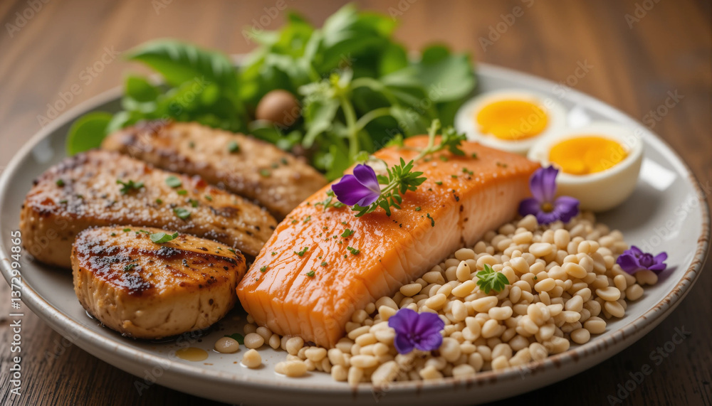 A Balanced and Beautiful Meal Featuring Grilled Haloumi Cheese, Salmon, Grains, Boiled Eggs, and Fresh Greens A Balanced and Beautiful Meal Featuring Grilled Haloumi Cheese, Salmon, Grains, Boiled Eggs, and Fresh Greens