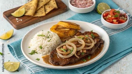 Savoring bistec encebollado with seasoned rice and ripe plantains from a vibrant table setting