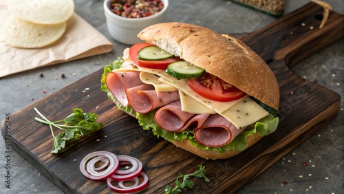 Delicious black forest ham sandwich garnished with fresh vegetables on a rustic wooden board