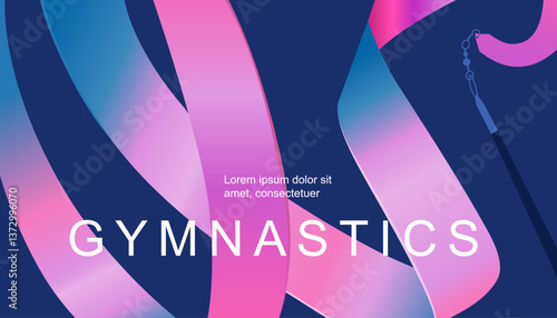 Colorful curve ribbon, pink abstract rhythmic gymnastics banner, abstraction with swirling wave and text. Vector design template flyer, poster