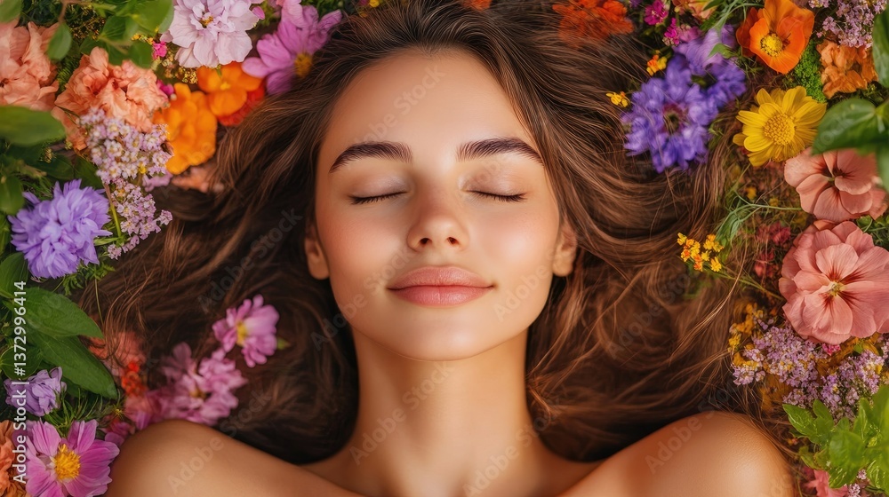 A woman sleeping in a soft field of flowers, a gentle breeze moving through her hair A woman sleeping in a soft field of flowers, a gentle breeze moving through her hair