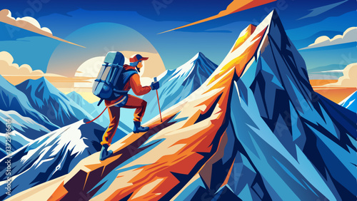Climber reache the summit of mountain peak. Climber on the glacier. Success, freedom and happiness, achievement in mountains. Climbing sport concept.