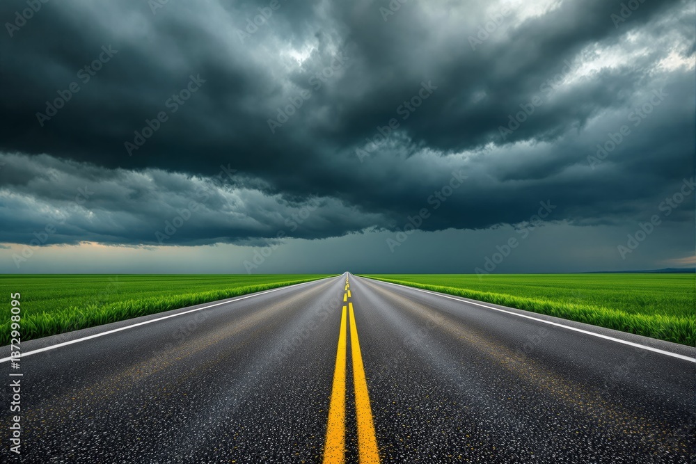 Naklejka premium Empty highway with yellow lines leading into the distance under dark storm clouds, surrounded by green fields. Dramatic sky and road concept. Ai generative
