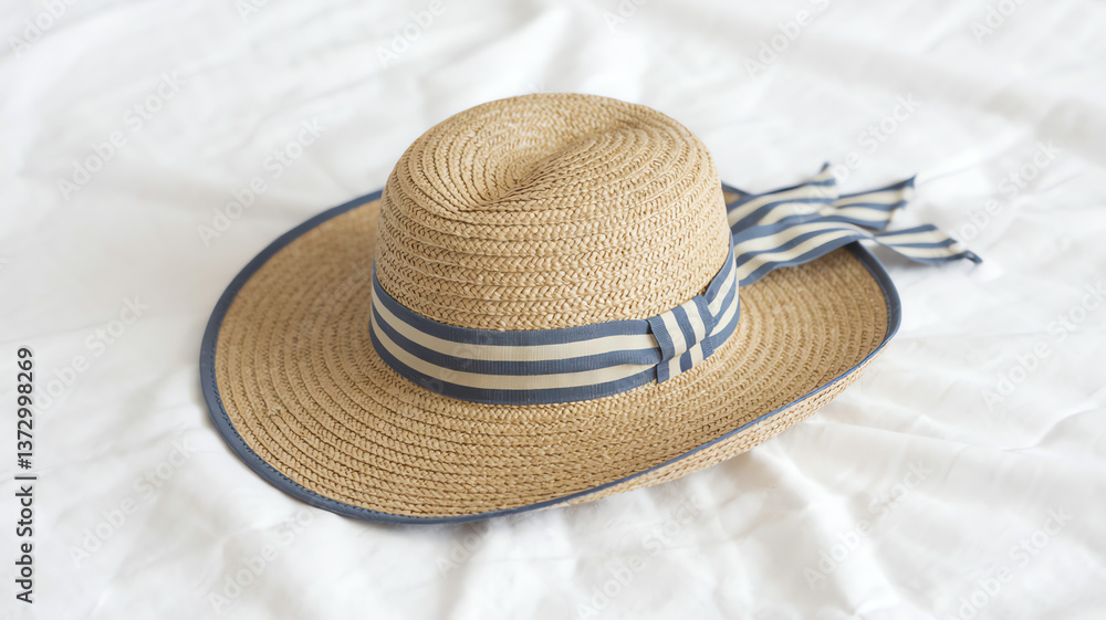 Chic Straw Hat with Blue and White Striped Ribbon on White Cloth for Coastal Fashion, Summer Vibes, and Elegance Chic Straw Hat with Blue and White Striped Ribbon on White Cloth for Coastal Fashion, Summer Vibes, and Elegance