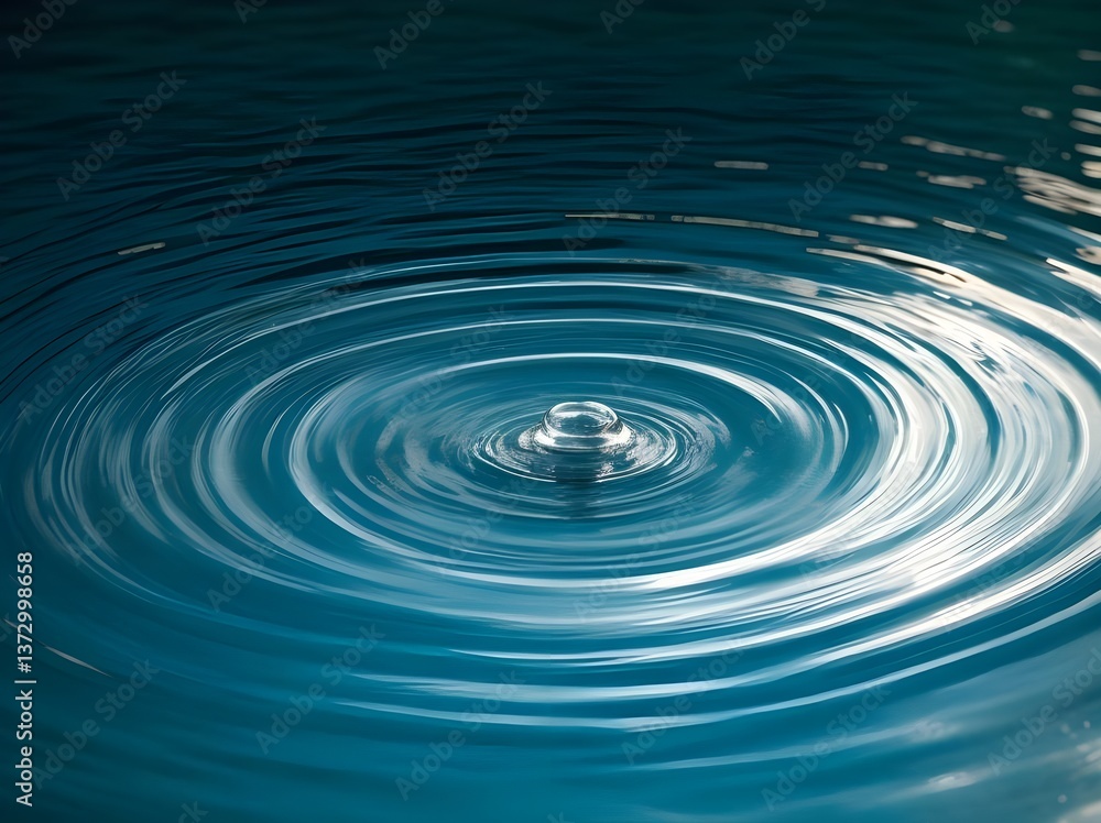A single drop's serene impact creating mesmerizing concentric ripples on a deep teal water surface. A single drop's serene impact creating mesmerizing concentric ripples on a deep teal water surface.