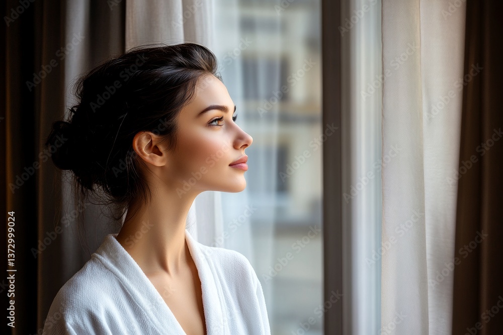A young woman in a white bathrobe opens the curtains of her luxury hotel room to bask in the morning sun while sipping her coffee A young woman in a white bathrobe opens the curtains of her luxury hotel room to bask in the morning sun while sipping her coffee