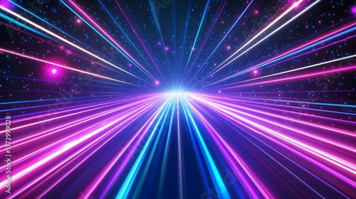 The beauty of the universe is depicted in an abstract cosmic background with a 3d render of the big bang, featuring galaxies, celestial elements, and the speed of light, reminiscent of fireworks with
