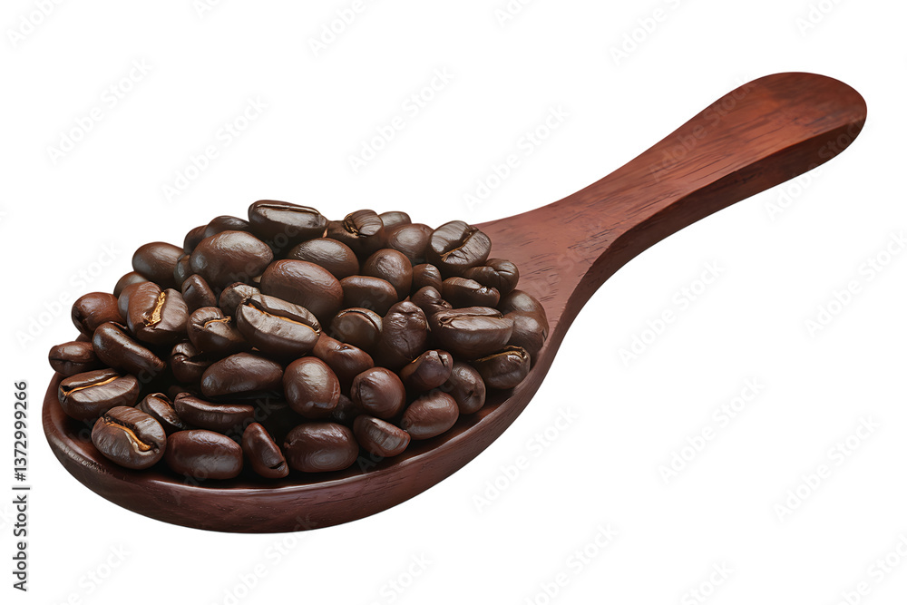 Fototapeta premium A Wooden Spoon Overflowing with Dark Roasted Coffee Beans isolated on transparent background , cutout