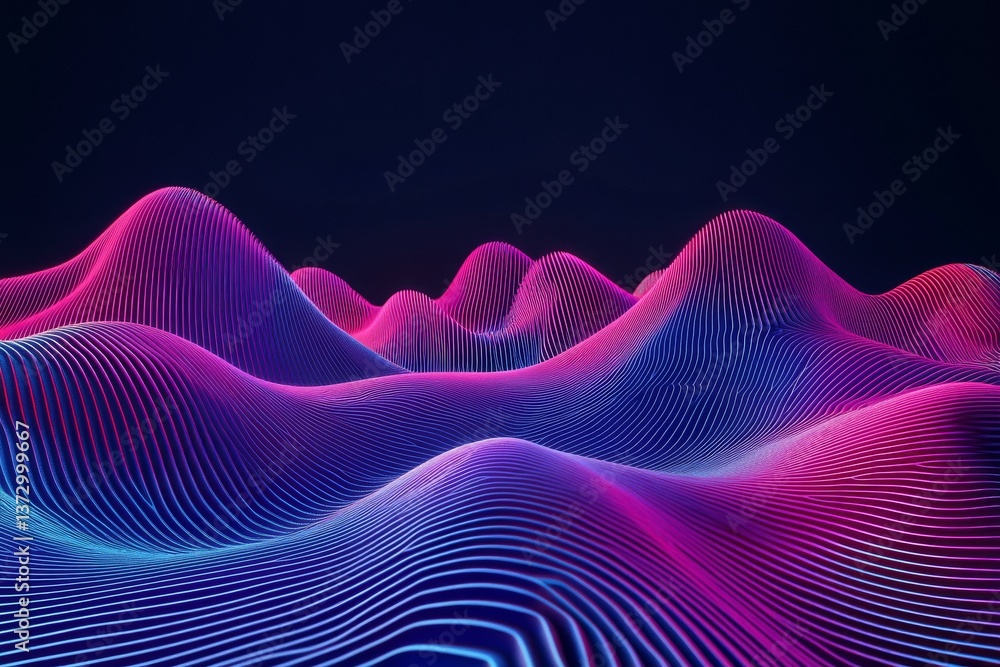 The floor is adorned with dynamic, wavy lines that glow, set against an abstract background in a 3D render, with blue and pink neon lights that emit ultraviolet spectrum hues The floor is adorned with dynamic, wavy lines that glow, set against an abstract background in a 3D render, with blue and pink neon lights that emit ultraviolet spectrum hues