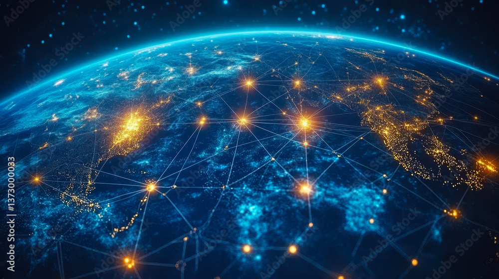 Fototapeta premium Global Network Connectivity Over Earth: 3D Concept of Digital Communication and Technology