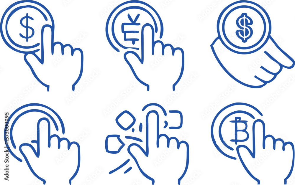 Hand flips coin icons set. Collection of hand gestures interacting with coins and currency symbols, representing financial transactions, investments, and online payments. Hand flips coin icons set. Collection of hand gestures interacting with coins and currency symbols, representing financial transactions, investments, and online payments.
