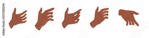 Hand gesture to hold, grab, grasp or grip something invisible. Empty pose, black skin, wrist, finger, palm position for phone, bottle, product or object. Set isolated on white background.