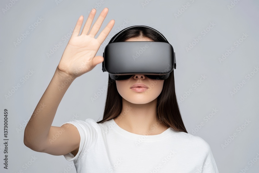 A female figure in a virtual reality headset looks up and reaches out to touch various items A female figure in a virtual reality headset looks up and reaches out to touch various items