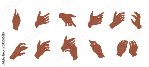 Hand gesture to hold, grab, grasp or grip something invisible. Empty pose, black skin, wrist, finger, palm position for phone, bottle, product or object. Set isolated on white background.