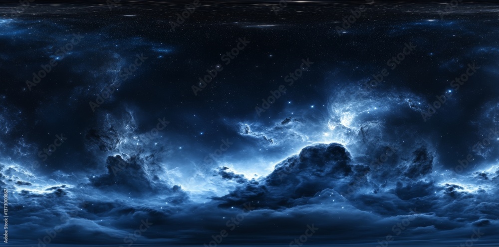 Fototapeta premium A 360-degree space background featuring a nebula and stars, presented in equirectangular projection as an environment map, is available in HDRI spherical panorama format