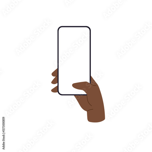 Phone with blank screen, hand using smartphone, finger tap and capture photo. Mobile device held by african american person, modern technology. Flat vector illustration isolated on white background.