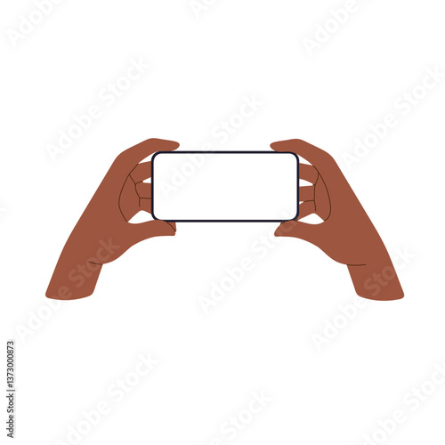 Phone with empty screen, held by two hands with black skin, showing mobile device horizontally. African American woman using smartphone, ready to play. Flat vector illustration isolated on white