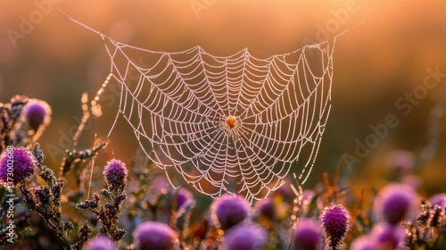 Spiderweb covered in dew hangs among purple flowers in a