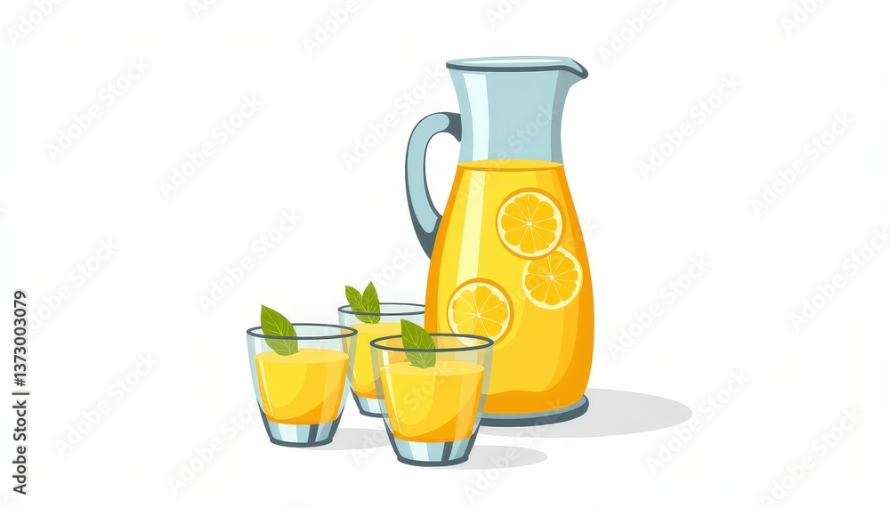 Refreshing lemonade pitcher with glasses on white background, summer enjoyment Refreshing lemonade pitcher with glasses on white background, summer enjoyment