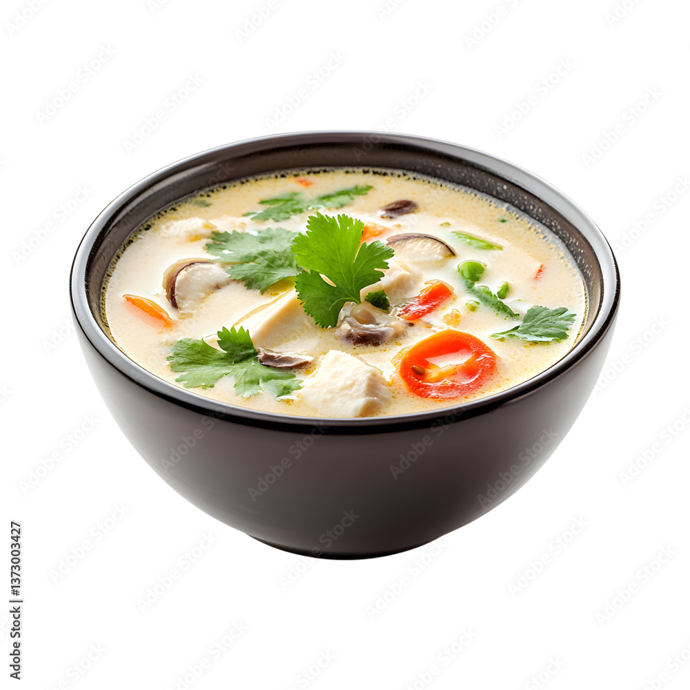 Thai Coconut Soup Tom Kha with Mushrooms and Vegetables Isolated on Transparent Background Thai Coconut Soup Tom Kha with Mushrooms and Vegetables Isolated on Transparent Background