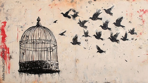   A bird escaping its cage as it flies alongside other birds soaring freely
