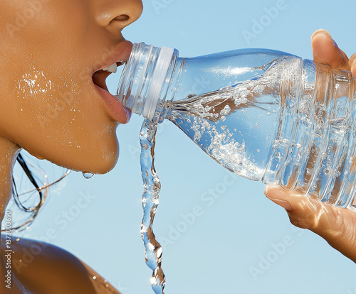 photography AI сlose-up of a person, girl or guy, drinking water from a plastic bottle, water flows into the mouth, splashes on the lips, on the face, woman drinking water from bottle