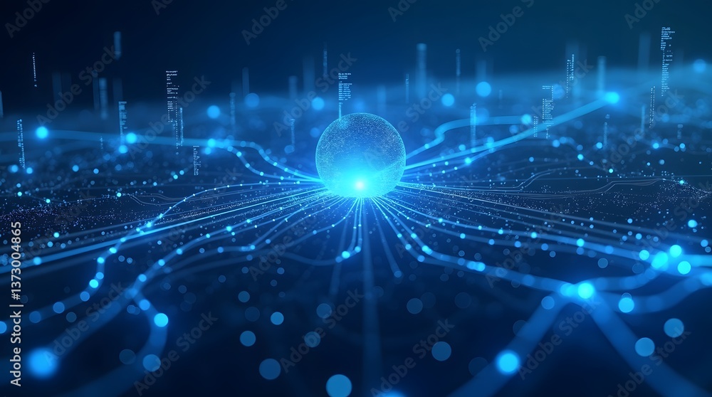 Futuristic tech concept. Glowing sphere with light trails on circuit board. Ideal for AI, data, network themes. Futuristic tech concept. Glowing sphere with light trails on circuit board. Ideal for AI, data, network themes.