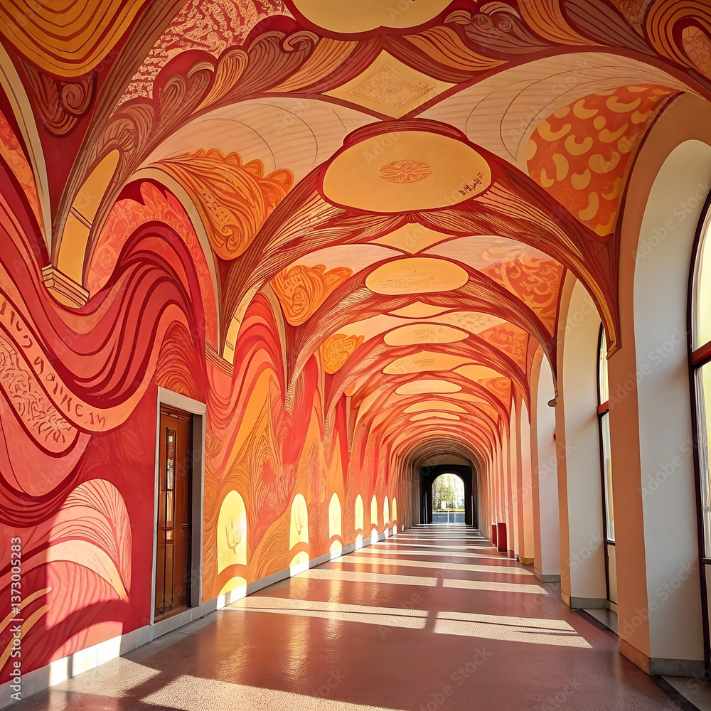 Fototapeta premium Corridor with arched ceilings and colorful murals