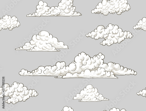 Engraved clouds seamless pattern. Vintage art. Wallpaper sky sketch hand drawn ornament. Line woodcut abstract cloud