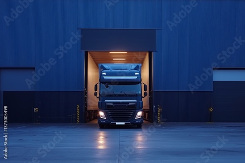 Semi truck backing into loading dock at night for warehouse delivery. Cargo transportation and distribution service. Trucking industry for logistics.