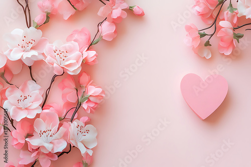 A high-resolution, hyper-realistic Valentine's Day background featuring delicate pink flowers and a beautifully crafted paper heart arranged on a soft pastel-colored surface. 