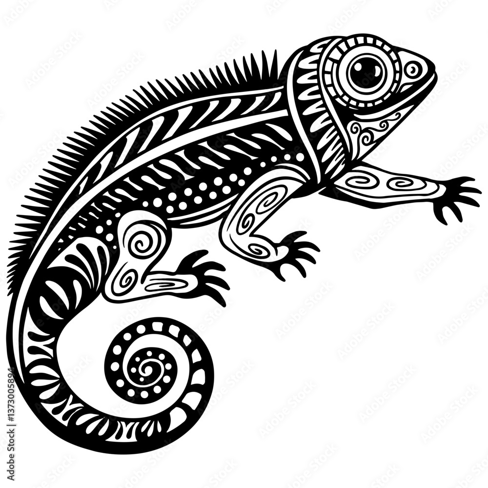 Tribal-style iguana lizard illustration with intricate patterns. Black and white vector design