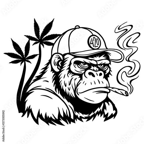 Vector illustration of a gorilla in a cap smoking a joint with cannabis leaves in the background.