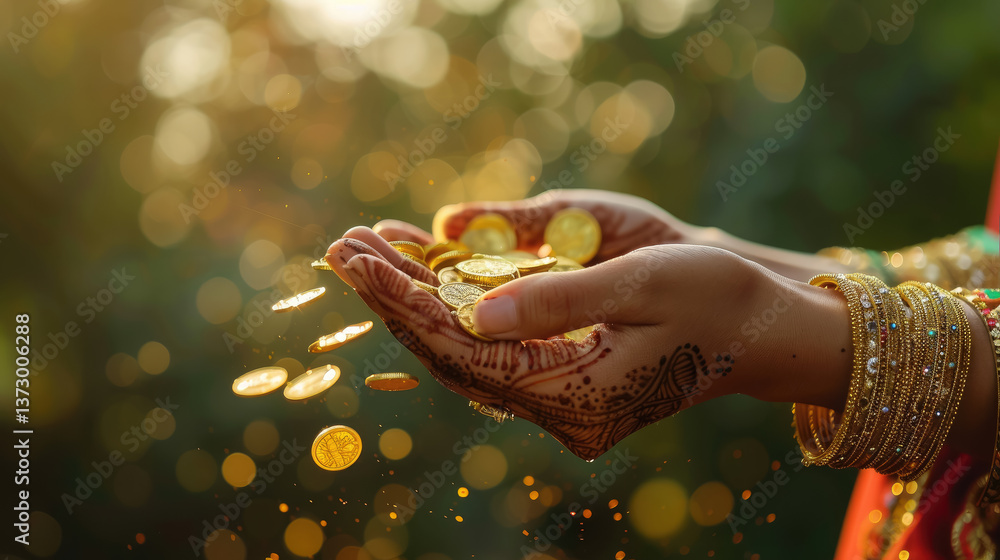 Indian woman's hands decorated with henna mehndi designs holding gold coins, Akshaya Tritiya festival, Indian religious festival Aksaya Trithiya, wealth, money, fortune, india