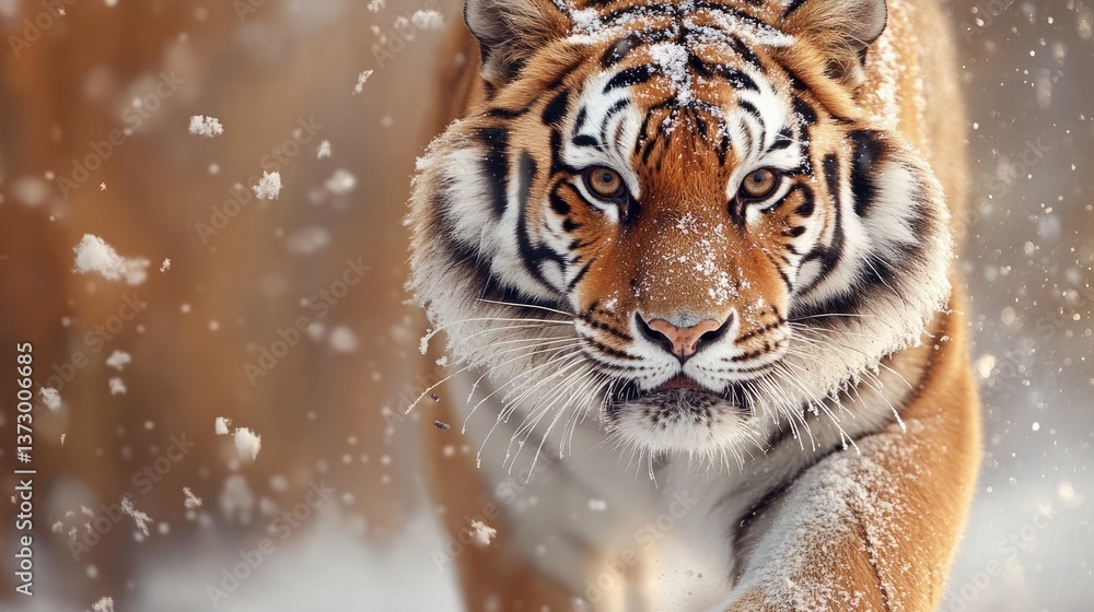 Siberian tiger walking through a blizzard, snowflakes caught in its fur, piercing eyes, cinematic depth, ultra-HD Siberian tiger walking through a blizzard, snowflakes caught in its fur, piercing eyes, cinematic depth, ultra-HD