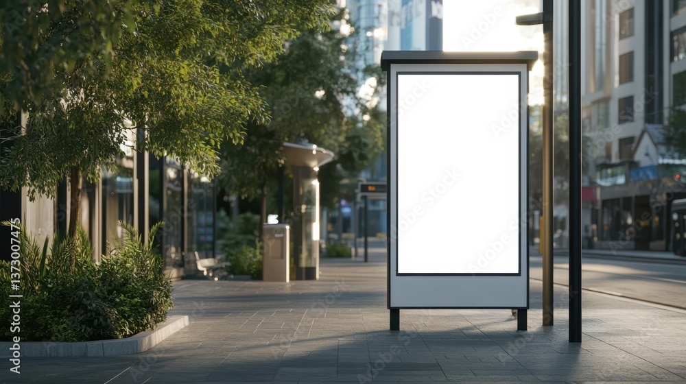 Promotional billboard stand located in a city bus stop offering a blank space for advertisers to feature their brands. Promotional billboard stand located in a city bus stop offering a blank space for advertisers to feature their brands.