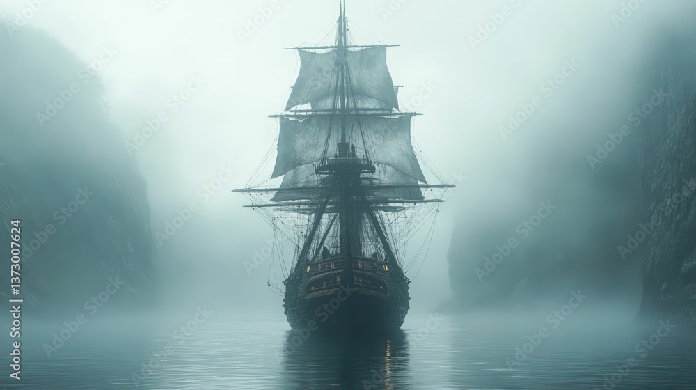 Sailing ship through fog between rocky cliffs. Sailing ship through fog between rocky cliffs.