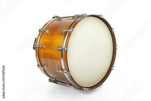 A bass drum with a light brown wood finish and silver hardware isolated on a white background