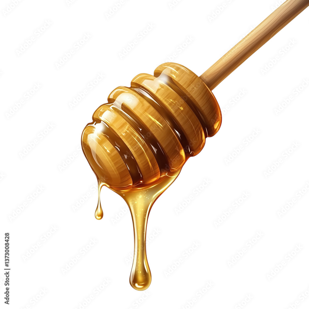 Golden honey dripping from a wooden dipper isolated on a transparent background. Golden honey dripping from a wooden dipper isolated on a transparent background.