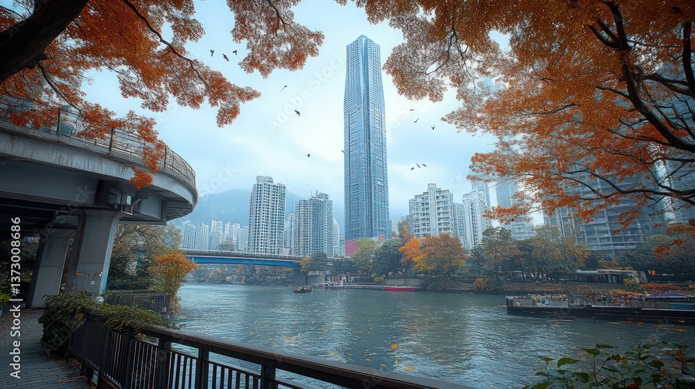 Fototapeta premium Autumn city view river skyscrapers misty light