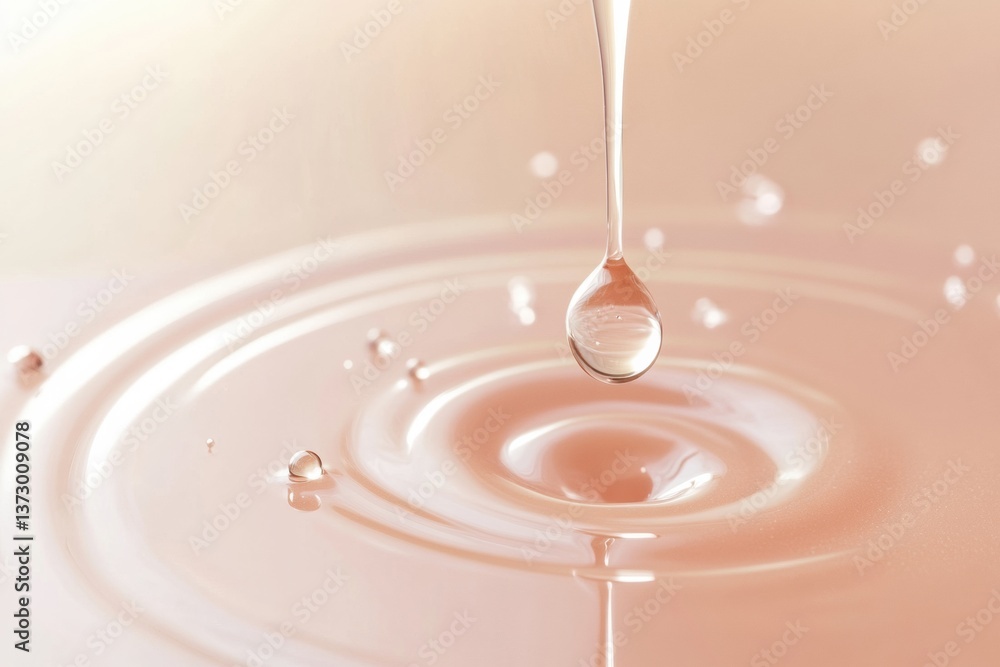 Close-up of luxurious skincare serum drop being applied to smooth, glowing skin with soft lighting and dewy texture creating a refreshing cosmetic experience