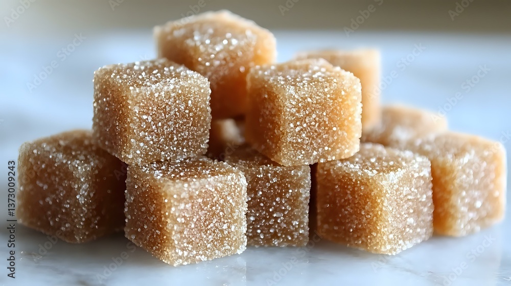 Crystallized sugar cubes coated in fine granulated sugar create appetizing sweet texture, stacked in casual arrangement on white surface, macro food photography. Crystallized sugar cubes coated in fine granulated sugar create appetizing sweet texture, stacked in casual arrangement on white surface, macro food photography.