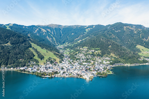 View over lake Zeller to Zell am See town. Beautiful panorama of Zell am See in Tirol Alps in Austria.