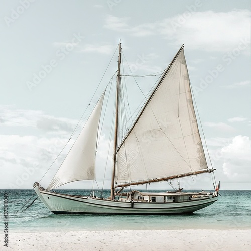   Sailboat glides on water beside sandy beach, framed by cloudy blue sky