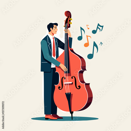 Man playing double bass with musical notes around, colorful illustration
