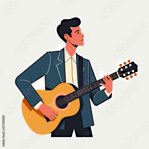 Man playing acoustic guitar in a stylish outfit, colorful illustration