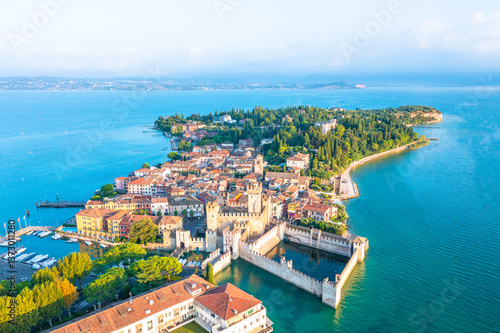 Scaligero Castle aerial panoramic view. Scaligero Castle is a fortress in the historical center of Sirmione town at the Garda Lake in Italy