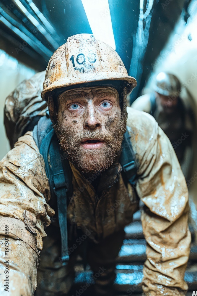 Muddy miner climbs onward with determination.